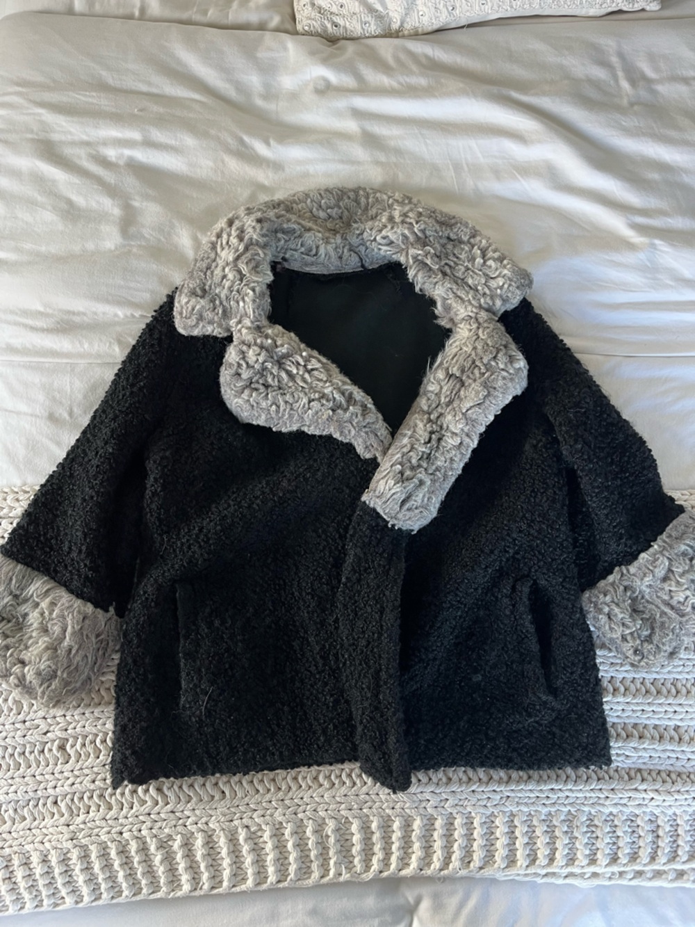 Black Faux Shearling Coat with Gray Trim